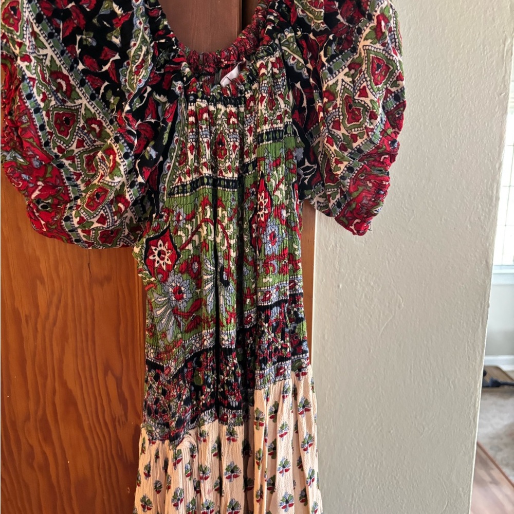 Bohemian Floral Midi Dress in Red, Green & Cream